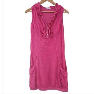 100% Italian Linen Made In Italy Pink Sleeveless Dress Sz S Ruffle Neckline